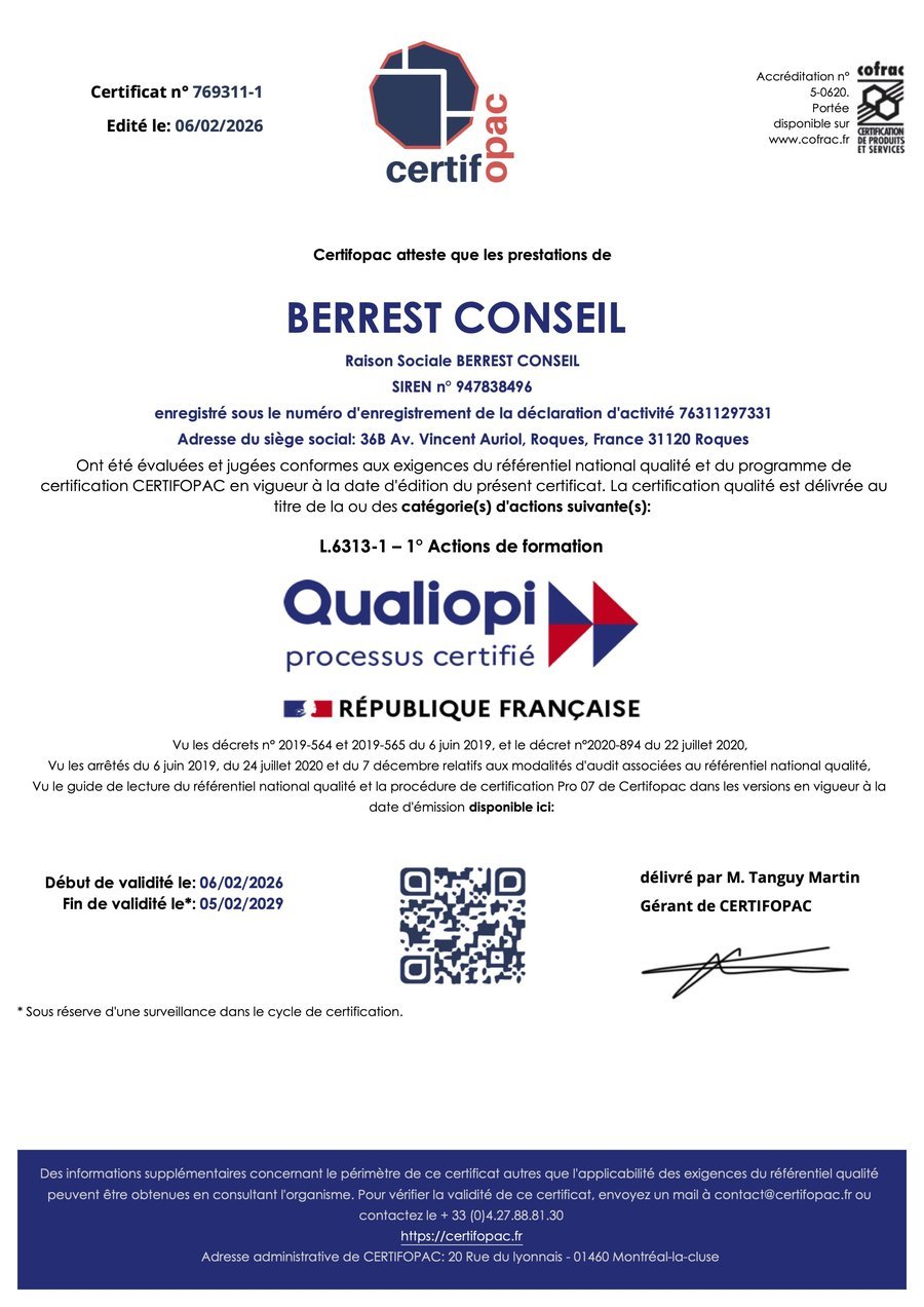 Certificat Qualiopi de Berrest Conseil n° 769311-1, délivré par Certifopac, valable jusqu'au 5 février 2029