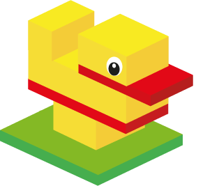 Logo du Flow Francophone : un canard LEGO® jaune et rouge posé sur une plaque verte