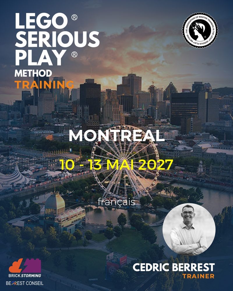 Affiche de la formation LEGO® SERIOUS PLAY® Method Training à Montréal, du 10 au 13 mai 2027, en français